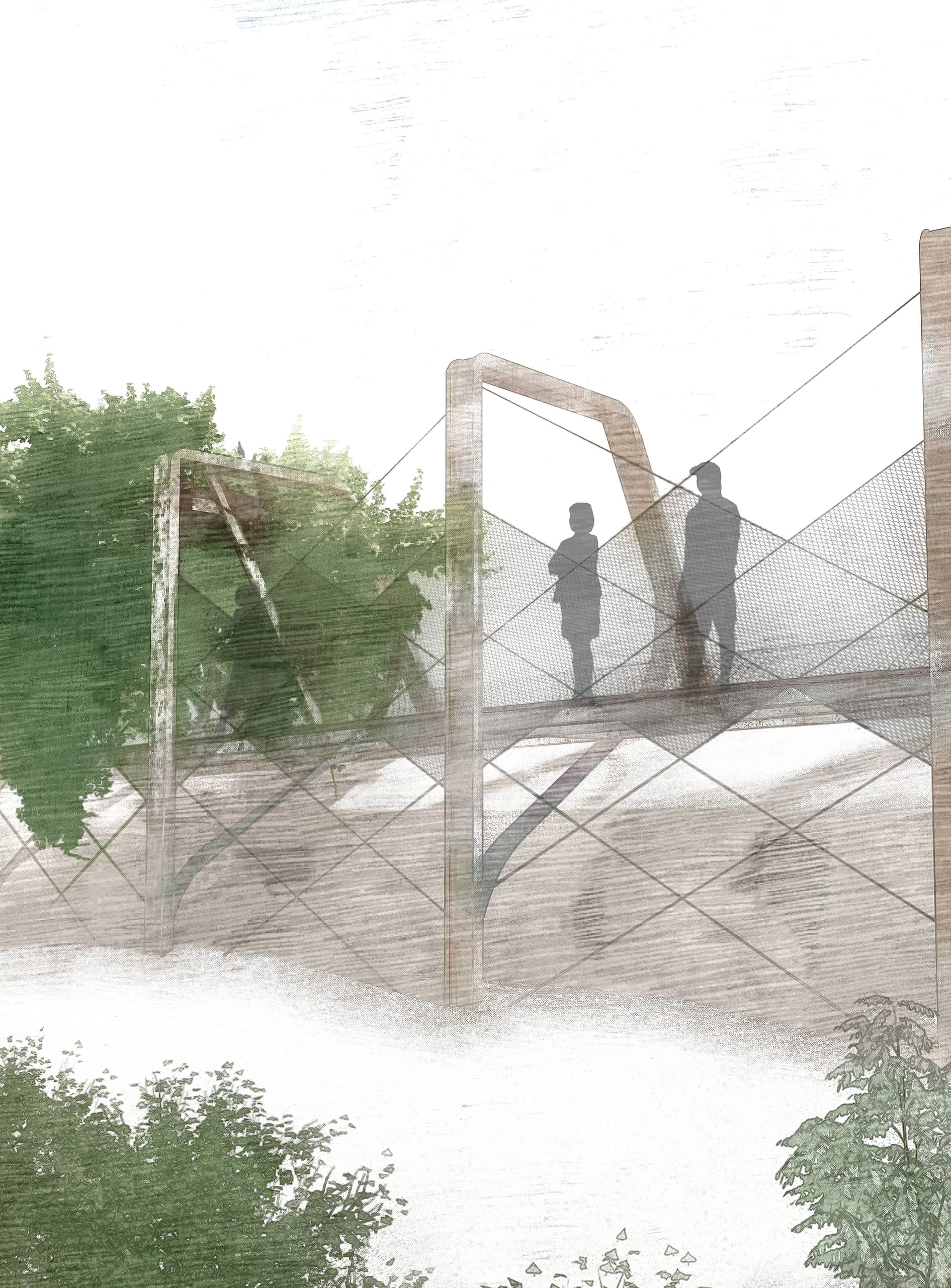 Perspective sur la passerelle : deux portiques de bois l’encadrent, garde-corps en résille métallique tendue en croix, deux promeneurs accoudés regardent au loin. Feuillage vert à gauche, la pente nue du crassier en dessous.