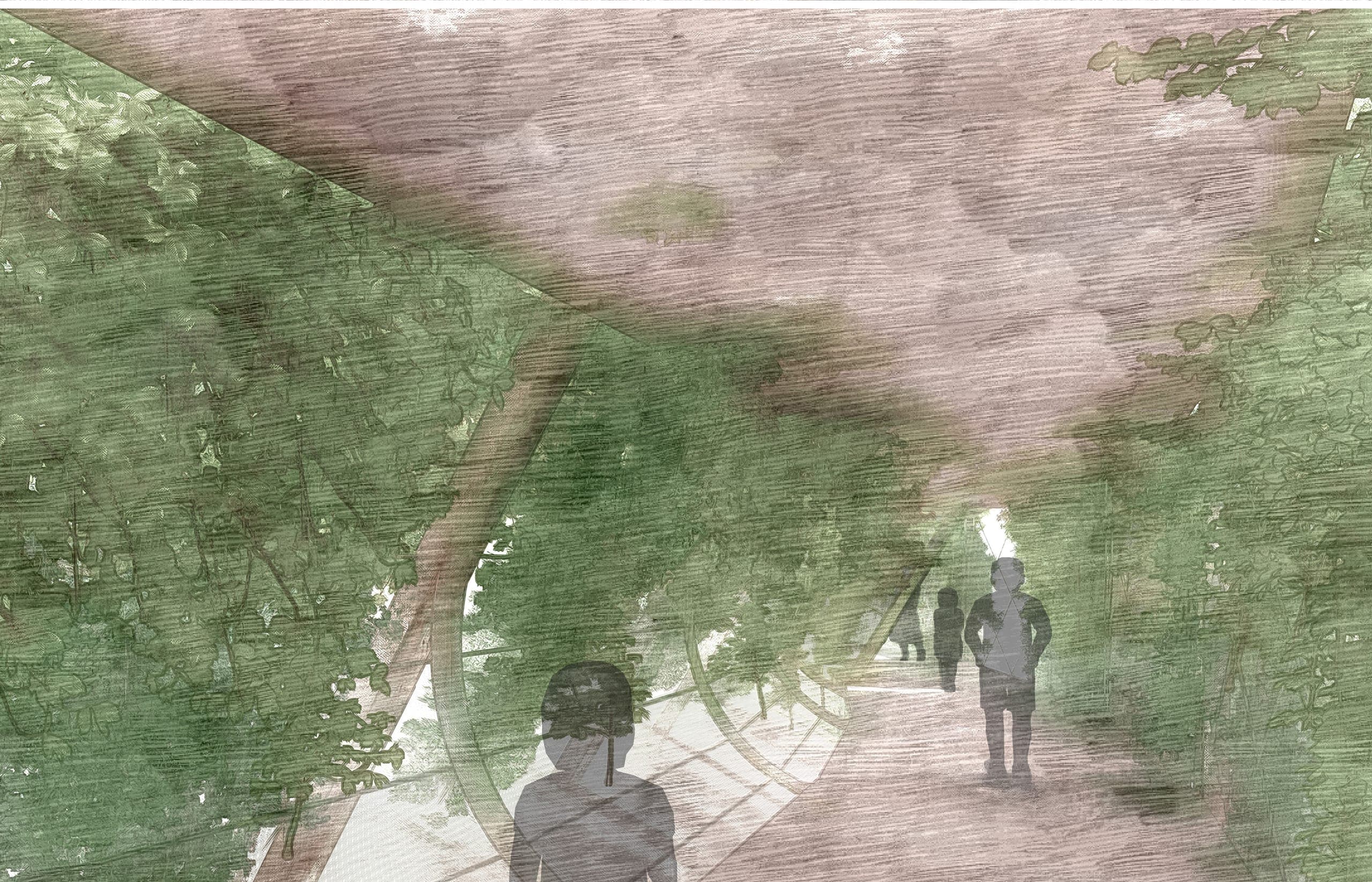 Vue du projet : sous la canopée : le platelage de bois file entre les arbres sous une arche végétalisée, des promeneurs en silhouette, feuillage vert tendre de part et d’autre.