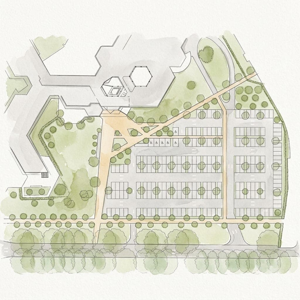 Aquarelle du parvis d’un établissement de santé : un mail d’arbres conduit à l’entrée, des bandes plantées séparent les cheminements du dépose-minute, des personnes s’y croisent à pied et en fauteuil.