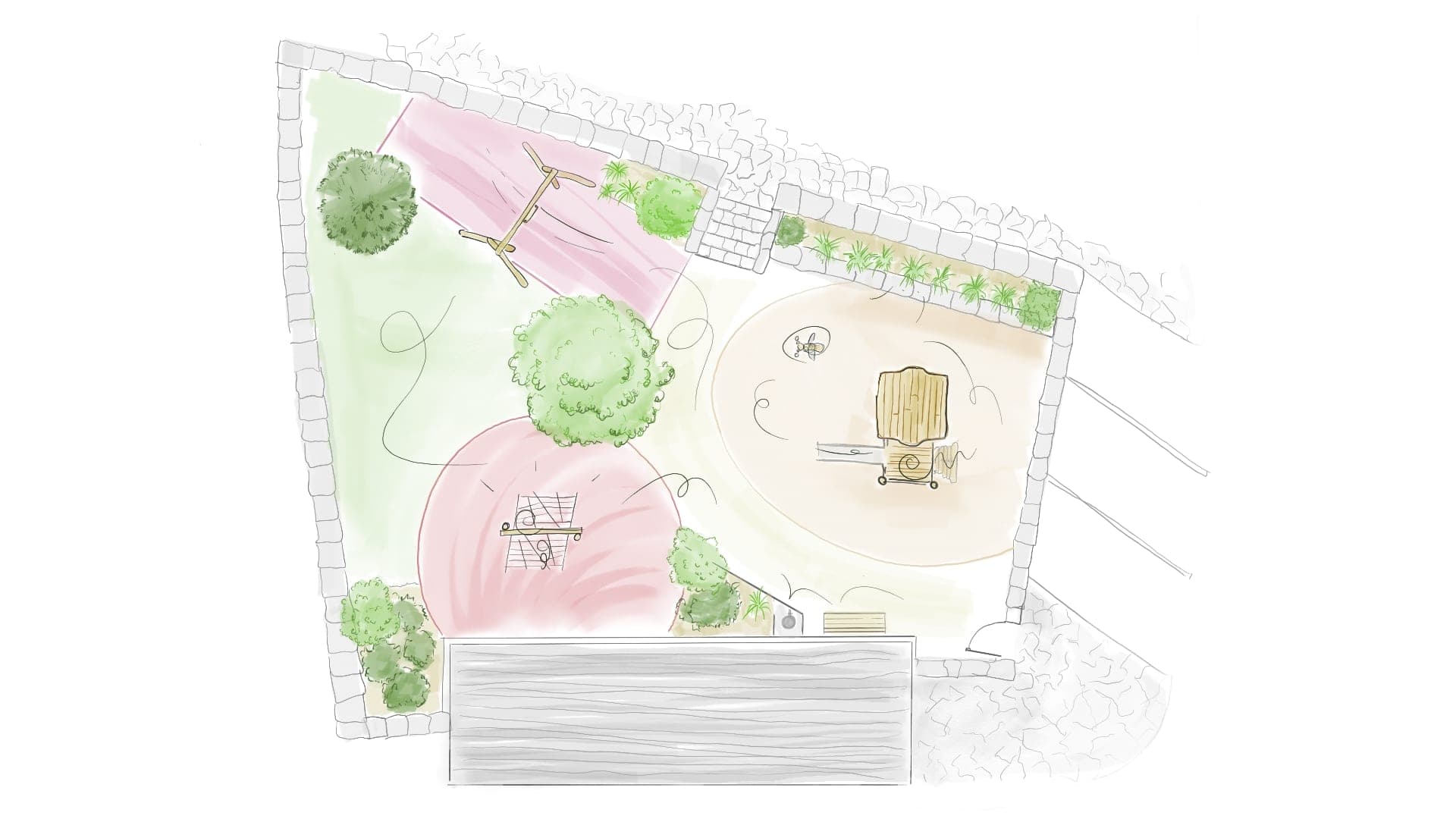 Le plan de masse de l’aire de jeux, dessiné à la main et aquarellé : parcelle en biais cernée de murets de pierre, aplats rose et ocre pour les sols souples, arbres en taches vertes, jeux en bois tracés au trait, massifs plantés en bordure. Le dessin de conception du lieu que montrent les photographies.