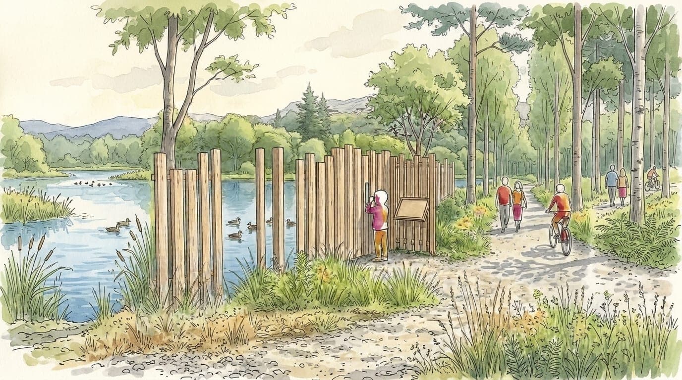 Aquarelle : au bord d’un lac, une palissade d’observation en planches de bois clair, de hauteurs inégales ; une silhouette photographie les canards par la fente ouverte à hauteur du regard, à côté d’un panneau d’interprétation incliné. Au premier plan, des roseaux et une prairie humide ; à droite, un chemin de gravier traverse une bétulaie où passent des promeneurs et deux cyclistes ; au fond, la forêt et les montagnes.