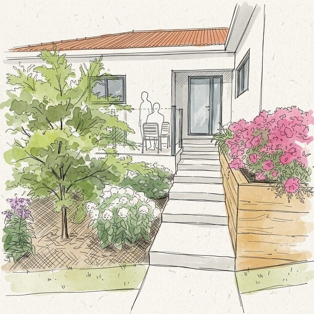 Croquis aquarellé de l’entrée d’une maison : un auvent de bois abrite la porte, des graminées et un arbuste bordent le seuil, le chemin d’accès s’infiltre dans un gravier planté.