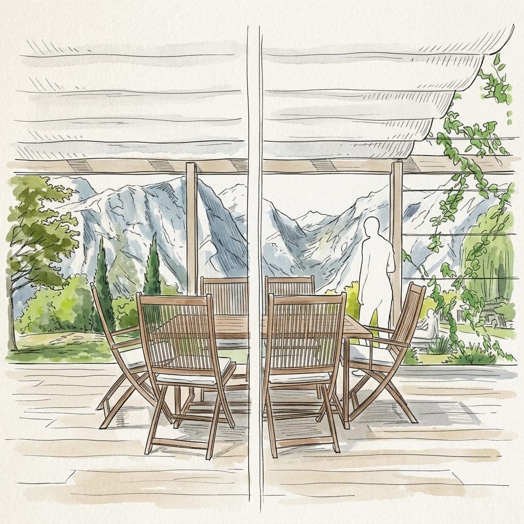 Croquis aquarellé d’une terrasse abritée par une pergola de bois où grimpe une vigne ; un massif de vivaces borde les dalles et un massif d’arbustes ferme la vue au fond.