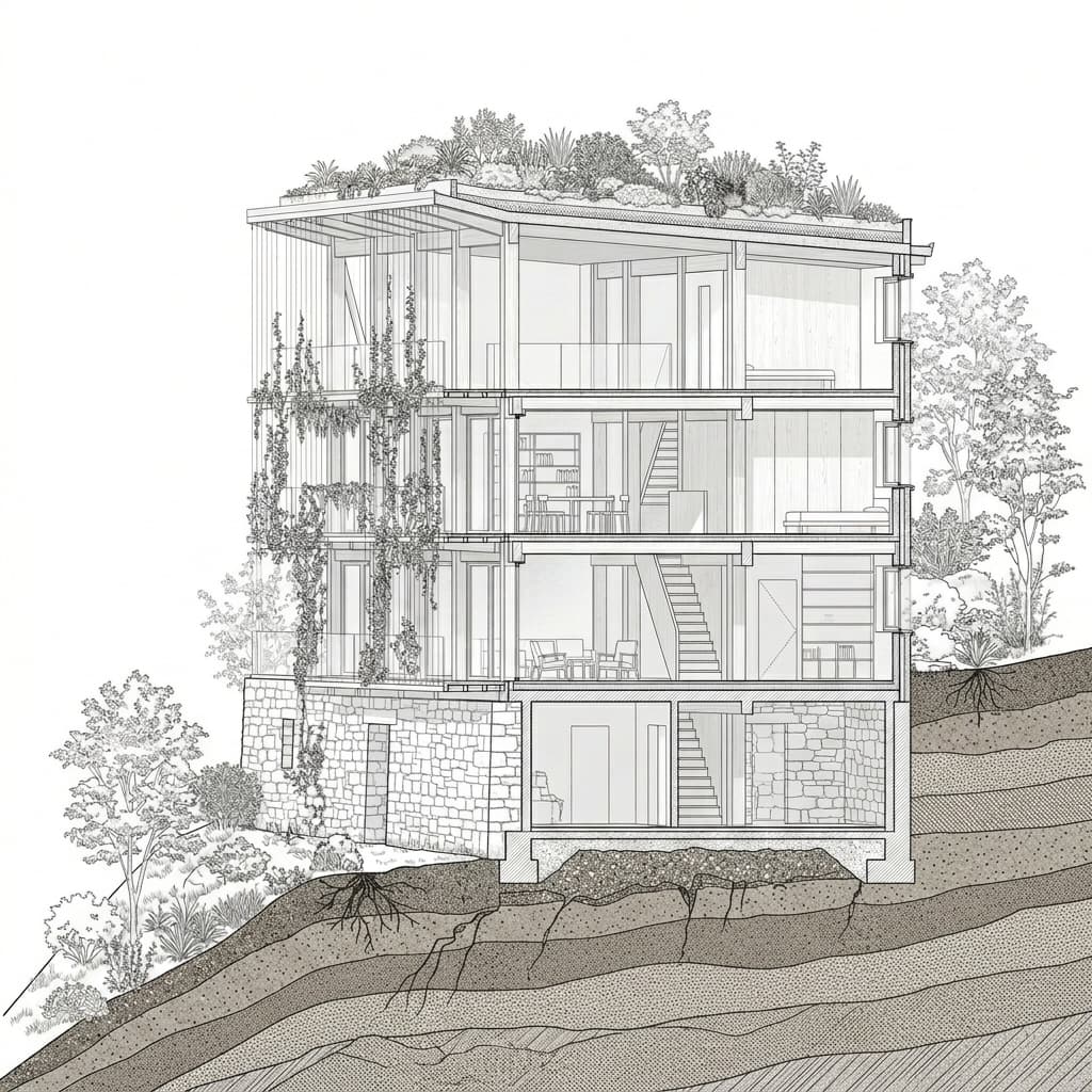 Coupe architecture et vivant : socle en pierre, structure bois, plantes grimpantes