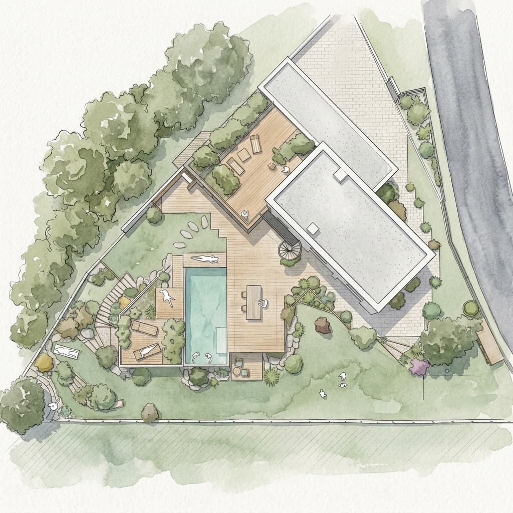 Plan de masse aquarellé, bâtiment et jardin dessinés ensemble