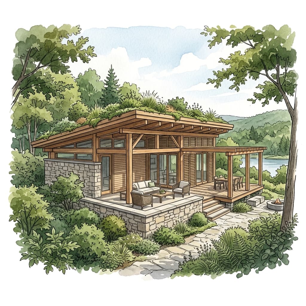 Croquis d’architecture jardinée, bâtiment et jardin dessinés ensemble