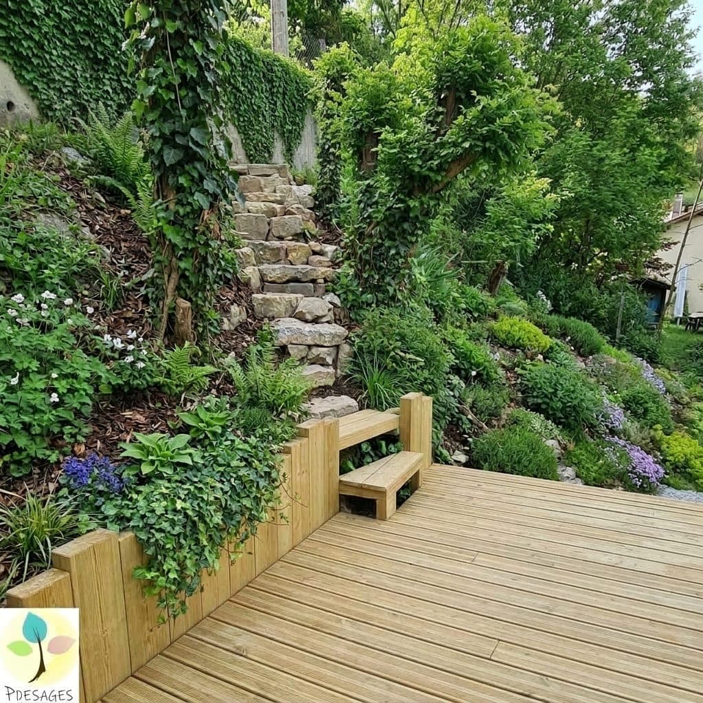 Vue retouchée d’une terrasse en lames d’acacia, adossée à une façade où court du lierre ; des jardinières marquent la limite avec le jardin.